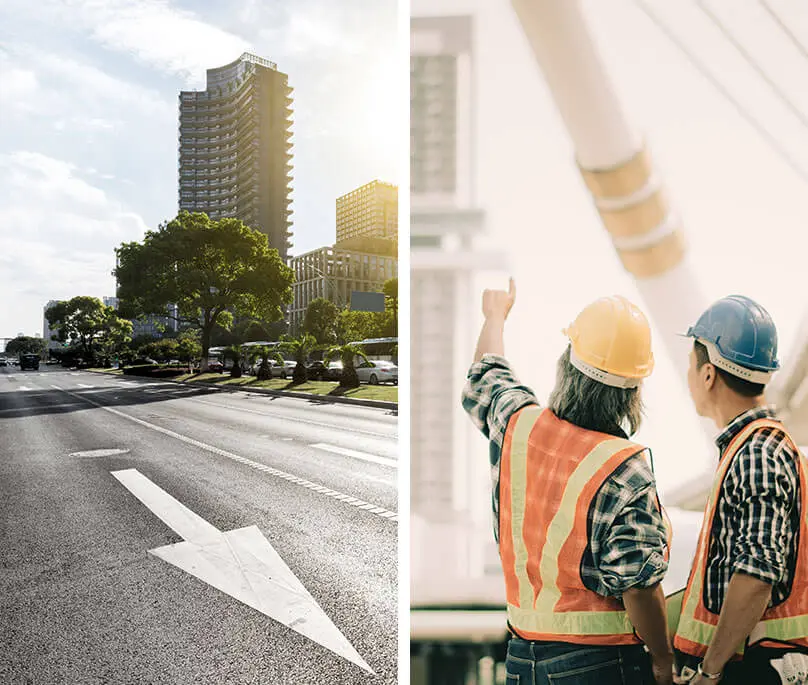 Two pictures of a road and construction workers.