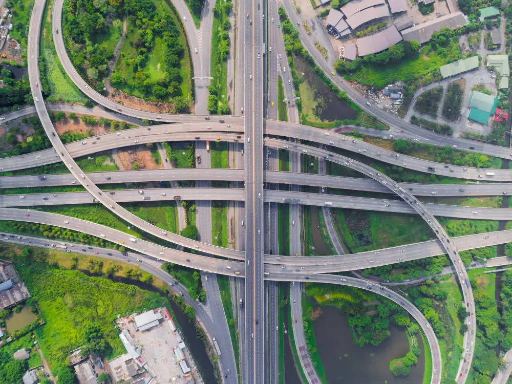 A view of an intersection from above.